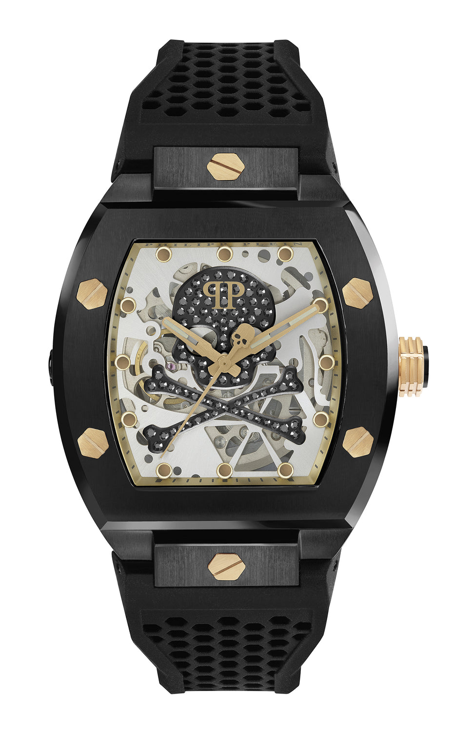 Philipp Plein Armbanduhr im Tonneau Shape mit teilskelettiertem silbernem Zifferblatt mit schwarzem glassteinbesetztem Totenkopf- und Knochenmotiv und goldenen Akzenten, schwarzem Gehäuse mit goldenen Akzenten und schwarzem Edelstahlband Produktbild