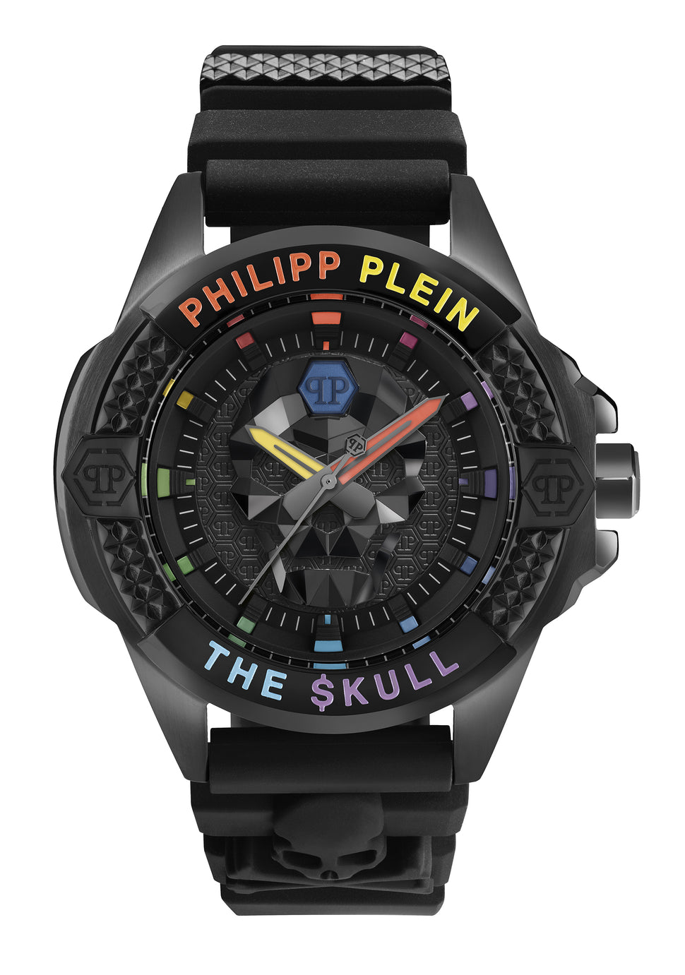 Philipp Plein Armbanduhr mit schwarzem Zifferblatt mit schwarzem Totenkopfdesign und bunten Akzenten, schwarzem Gehäuse und schwarzem Edelstahlband Produktbild