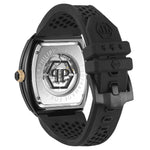 Philipp Plein Armbanduhr im Tonneau Shape mit teilskelettiertem silbernem Zifferblatt mit schwarzem glassteinbesetztem Totenkopf- und Knochenmotiv und goldenen Akzenten, schwarzem Gehäuse mit goldenen Akzenten und schwarzem Edelstahlband Produktbild