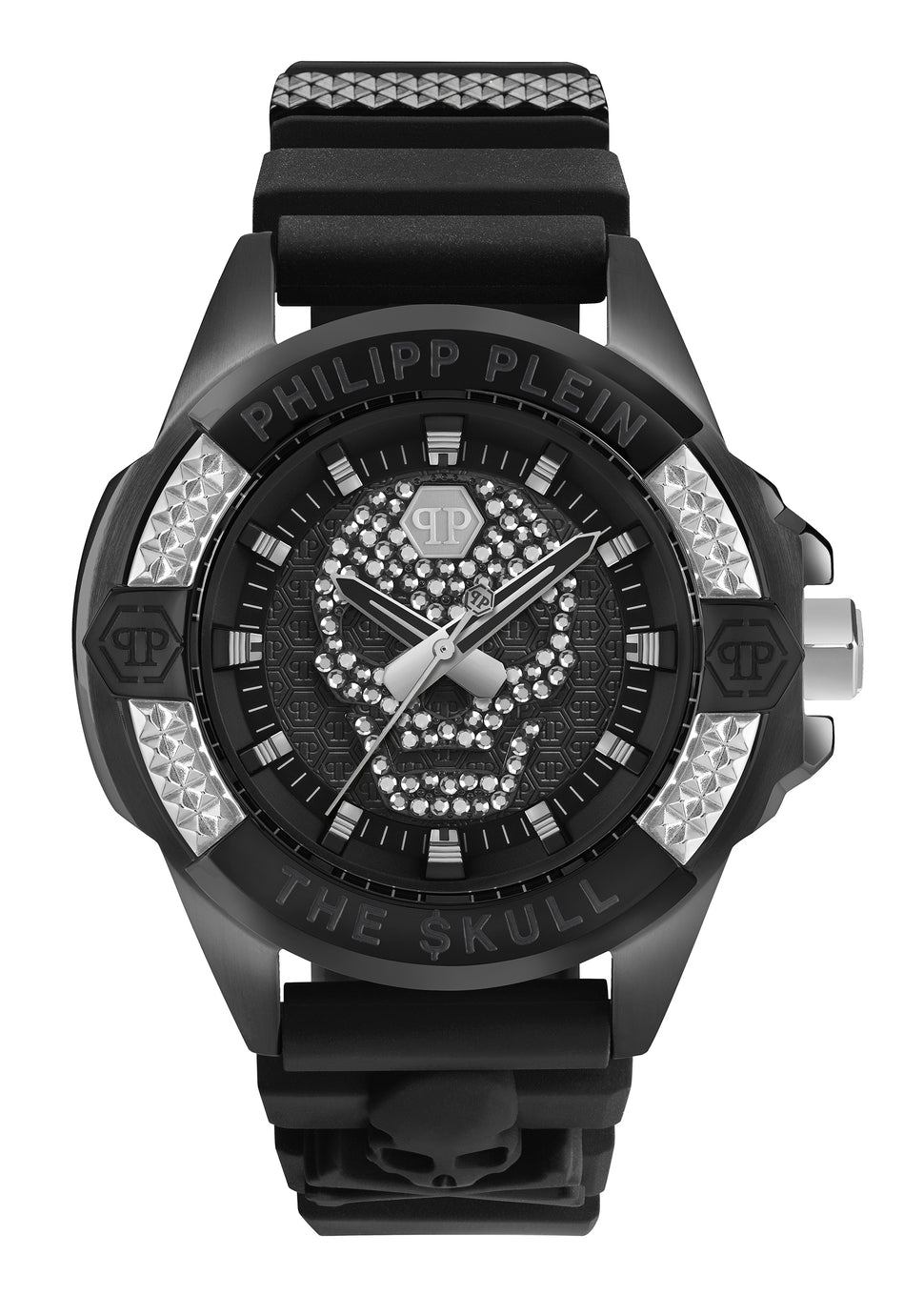 Philipp Plein Armbanduhr mit schwarzem Zifferblatt mit Totenkopfdesign aus silbernen Glassteinen und silbernen Akzenten, schwarzem Gehäuse mit Topring mit silbernen Akzenten und schwarzem Edelstahlband Produktbild