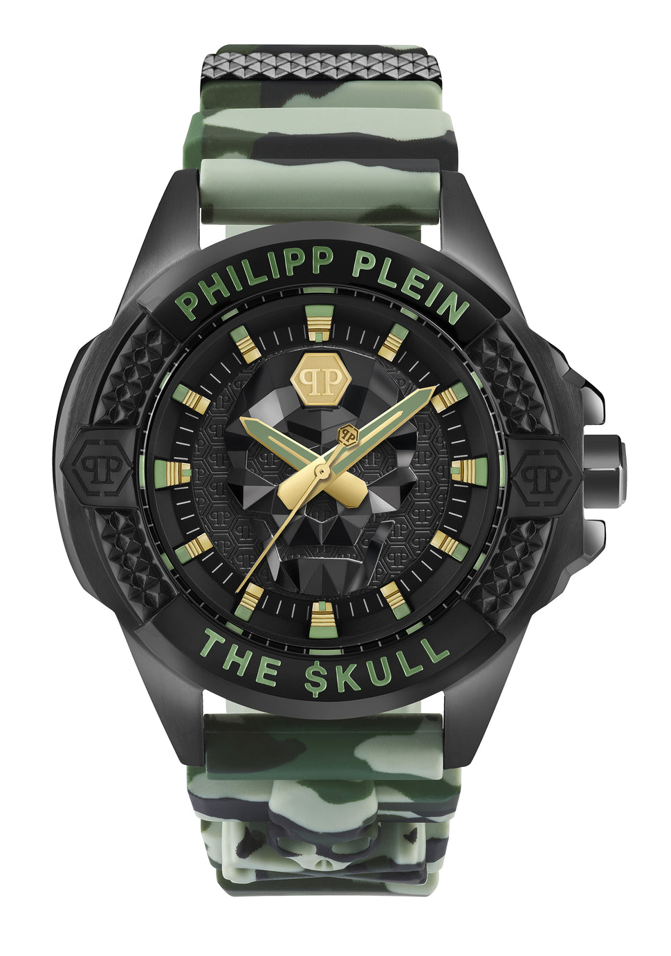 Philipp Plein Armbanduhr mit schwarzem Zifferblatt mit schwarzem Totenkopfdesign und gelben sowie grünen Akzenten, schwarzem Gehäuse und camouflagefarbenem Edelstahlband Produktbild