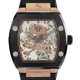 Philipp Plein Armbanduhr im Tonneau Shape mit teilskelettiertem silbernem Zifferblatt mit roségoldenem Totenkopf- und Knochenmotiv, schwarzem Gehäuse mit roségoldenen Akzenten und schwarzem Edelstahlband Produktbild