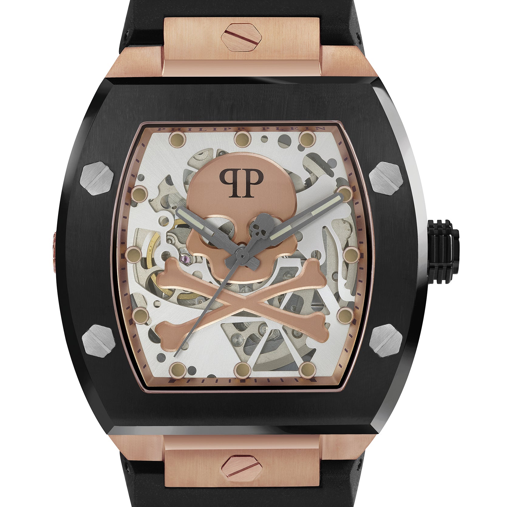 Philipp Plein Armbanduhr im Tonneau Shape mit teilskelettiertem silbernem Zifferblatt mit roségoldenem Totenkopf- und Knochenmotiv, schwarzem Gehäuse mit roségoldenen Akzenten und schwarzem Edelstahlband Produktbild