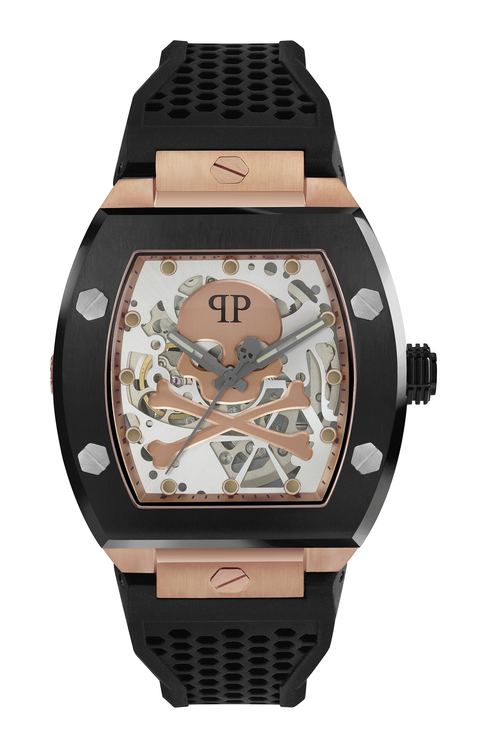 Philipp Plein Armbanduhr im Tonneau Shape mit teilskelettiertem silbernem Zifferblatt mit roségoldenem Totenkopf- und Knochenmotiv, schwarzem Gehäuse mit roségoldenen Akzenten und schwarzem Edelstahlband Produktbild