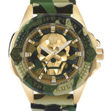 Die Philipp Plein Armbanduhr - The Golden Camouflage verfügt über ein goldenes Gehäuse, ein Tarnarmband und ein auffälliges 3D-Totenkopfdesign - ideal für Fans der Skull-Kollektion von Philipp Plein.