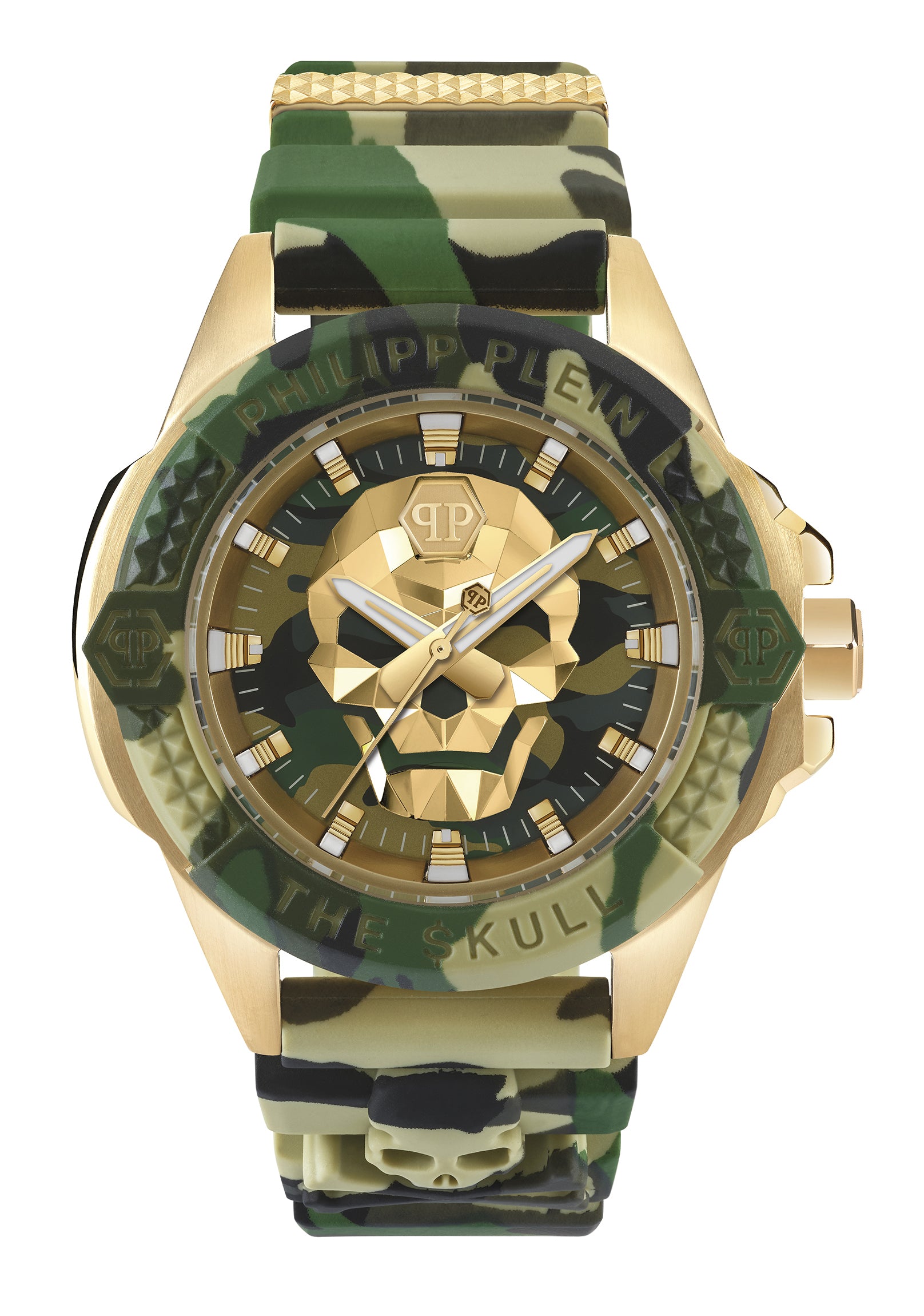 Die Philipp Plein Armbanduhr - The Golden Camouflage verfügt über ein goldenes Gehäuse, ein Tarnarmband und ein auffälliges 3D-Totenkopfdesign - ideal für Fans der Skull-Kollektion von Philipp Plein.