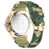 Philipp Plein Armbanduhr - Die Golden Camouflage: Goldene Armbanduhr mit grünem Camouflage-Armband, gravierter Rückseite und metallischen Akzenten - ein auffälliger Zeitmesser für Herren von Philipp Plein.