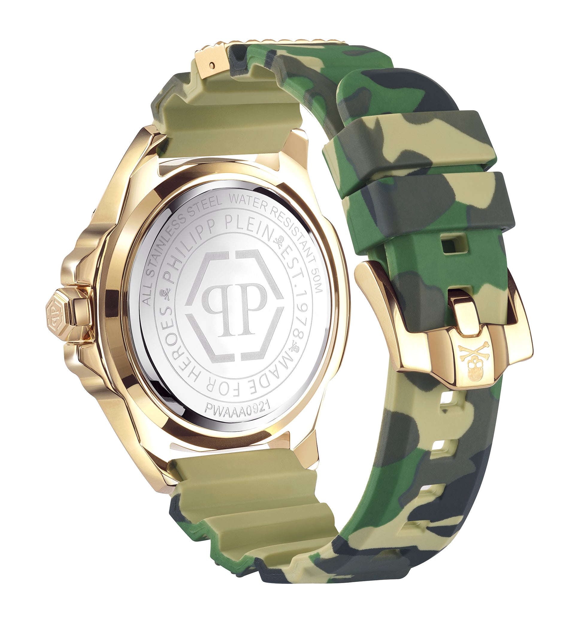 Philipp Plein Armbanduhr - Die Golden Camouflage: Goldene Armbanduhr mit grünem Camouflage-Armband, gravierter Rückseite und metallischen Akzenten - ein auffälliger Zeitmesser für Herren von Philipp Plein.