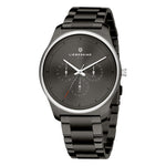 Die LIEBESKIND BERLIN Armbanduhr - Classic x Trends von Liebeskind Berlin ist eine schwarze Edelstahluhr mit drei Hilfszifferblättern, silbernen Zeigern auf einem dunklen Zifferblatt und einem schlichten Edelstahlgehäuse.