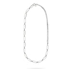 Die silberne LIEBESKIND BERLIN Halskette - Wear it Different von Liebeskind Berlin zeigt trendige Kettenformen mit länglichen rechteckigen und kleinen Panzergliedern auf weißem Grund.