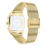 Liebeskind Berlin Armbanduhr mit silberem Zifferblatt, eckigem goldenem Gehäuse und strukturiertem goldenem Meshband Rückansicht