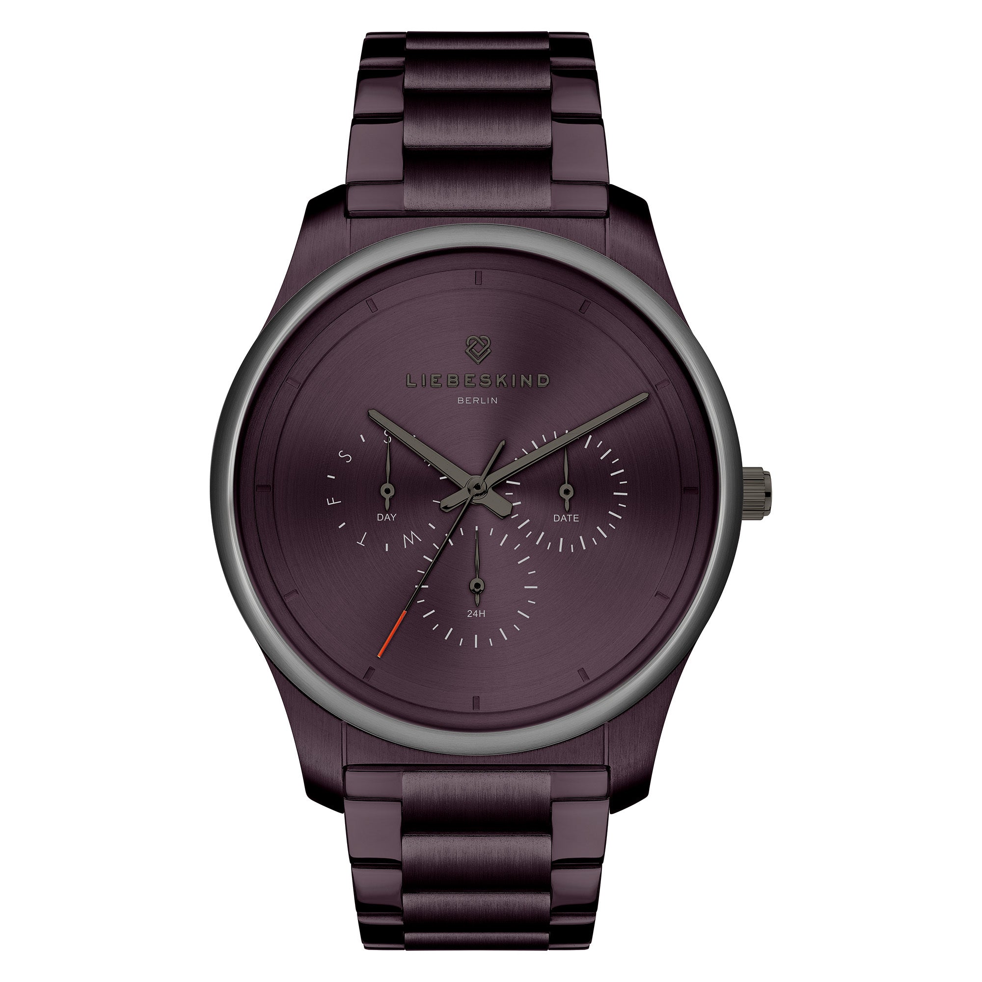 Liebeskind Berlin Armbanduhr mit lila Zifferblatt, lila Gehäuse mit Topring, lila Edelstahlband und Multifunktionswerk Produktbild