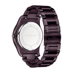 Liebeskind Berlin Armbanduhr mit lila Zifferblatt, lila Gehäuse mit Topring, lila Edelstahlband und Multifunktionswerk Rückansicht