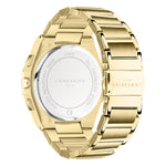 Liebeskind Berlin Armbanduhr mit goldenem Gehäuse mit Topring, goldenem Edelstahlband und Chronographenwerk Rückansicht 