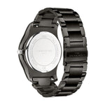 Liebeskind Berlin Armbanduhr mit schwarzem Zifferblatt, schwarzem Gehäuse mit silbernem Topring, schwarzem Edelstahlband und Multifunktionswerk Rückansicht