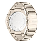 Rückansicht der LIEBESKIND BERLIN Armbanduhr - The Classic Chronograph, eine silberne Edelstahlarmbanduhr mit gravierten Details, Edelstahlgehäuse und passendem Edelstahlband.