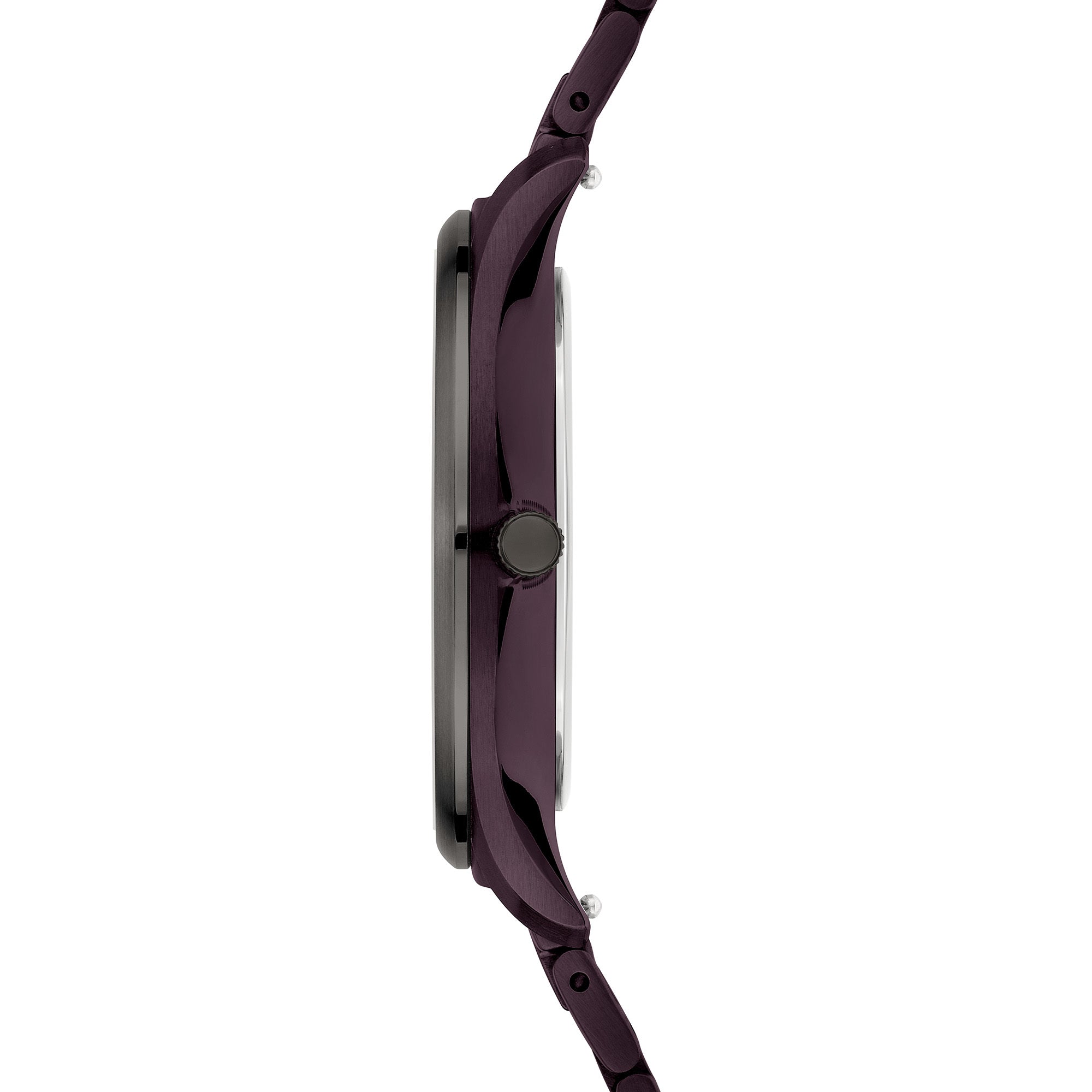 Liebeskind Berlin Armbanduhr mit lila Zifferblatt, lila Gehäuse mit Topring, lila Edelstahlband und Multifunktionswerk Seitenansicht