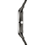 Liebeskind Berlin Armbanduhr mit schwarzem Zifferblatt, schwarzem Gehäuse mit silbernem Topring, schwarzem Edelstahlband und Multifunktionswerk Seitenanischt