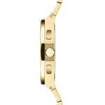 Liebeskind Berlin Armbanduhr mit goldenem Gehäuse mit Topring, goldenem Edelstahlband und Chronographenwerk Seitenansicht 