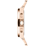 Liebeskind Berlin Armbanduhr mit lila Zifferblatt, roségoldenem Gehäuse, roségoldenem Edelstahlband und Chronographenwerk Seitenansicht