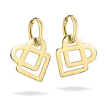 Der LIEBESKIND BERLIN Ohrhänger - Colorful Icon von Liebeskind Berlin besteht aus goldenen Reifen mit geometrischen, durchbrochenen Anhängern in einem abstrakten Stil, der Ihrer Schmucksammlung einen modernen Touch verleiht. Abgebildet auf einem weißen Hintergrund.