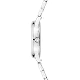Tamaris Armbanduhr mit silbernem mit glassteinbesetztem Zifferblatt, silbernem Gehäuse und silbernem Edelstahlband Seitenansicht