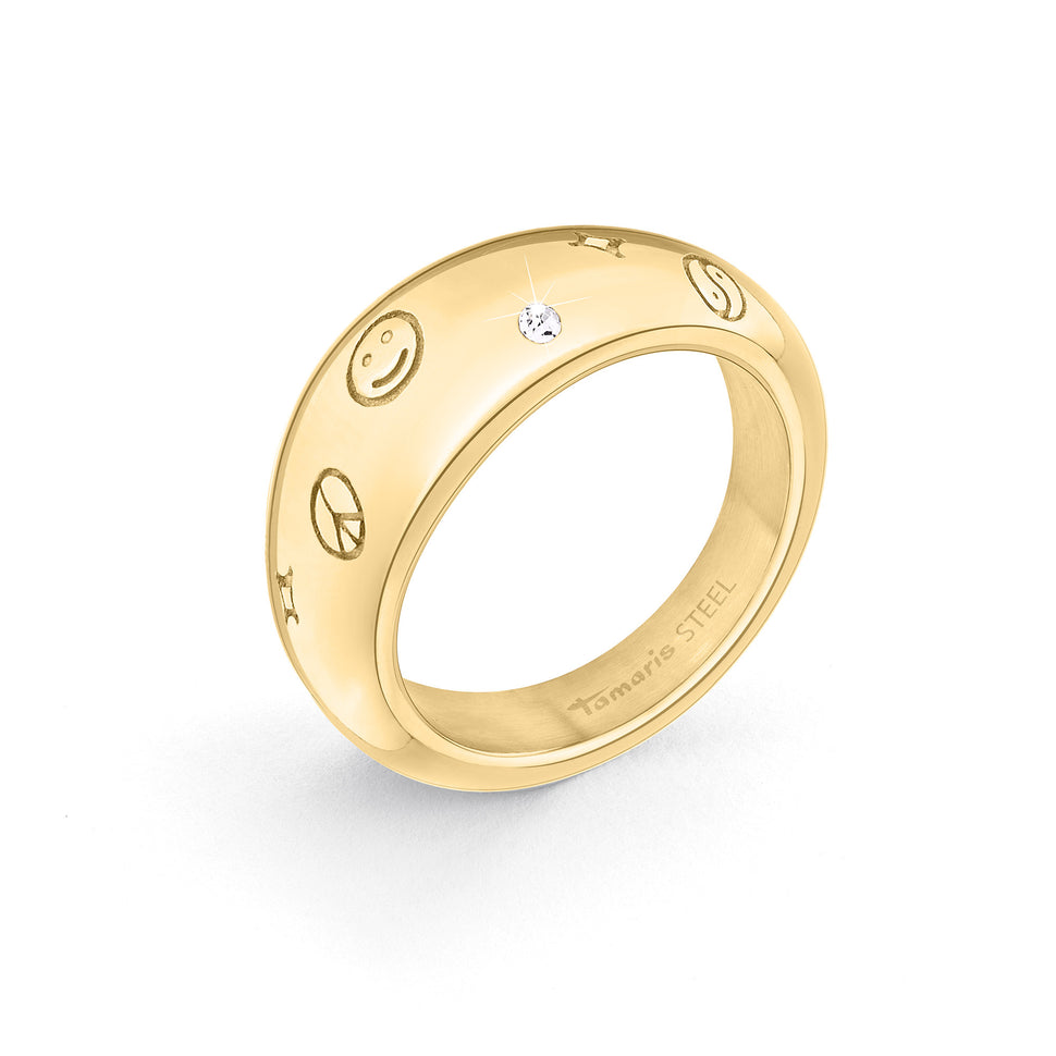 Tamaris Ring - Time To Smile; in der Farbe gold mit verschiedenen eingravierten Glückssymbolen und einem Zirkonia; Größe 52 Produktbild