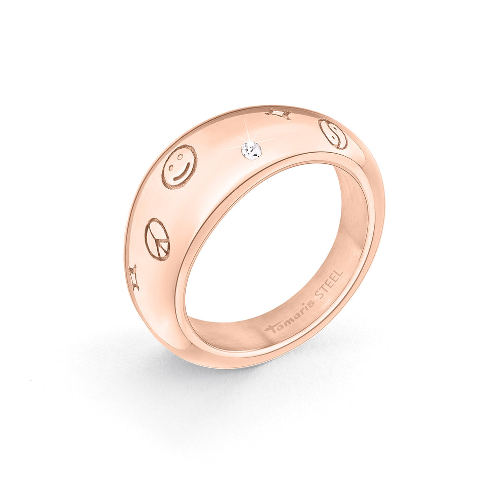 Tamaris Ring - Time To Smile; in der Farbe roségold mit verschiedenen eingravierten Glückssymbolen und einem Zirkonia; Größe 58 Produktbild