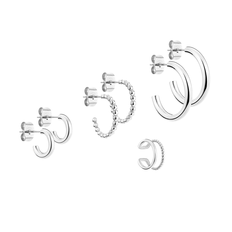 Tamaris Set bestehend aus drei verschiedenen silbernen Creolen und einem silbernem Ear Cuff; Produktbild