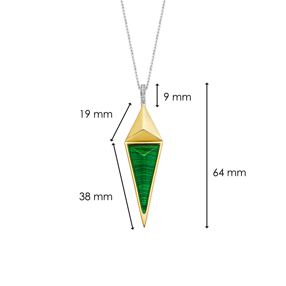 Ti Sento Milano Halskette mit silberner Kette, goldenem geometrischem Anhänger mit grünem Stein an einem steinbesetzten silbernen Ring Produktbild inklusive Maße