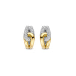 Paaransicht der TI SENTO Milano Creolen „Intertwined Duo“ mit zweifarbigem Design aus Gelbgold und Silber sowie funkelnden Zirkonia-Steinen.
