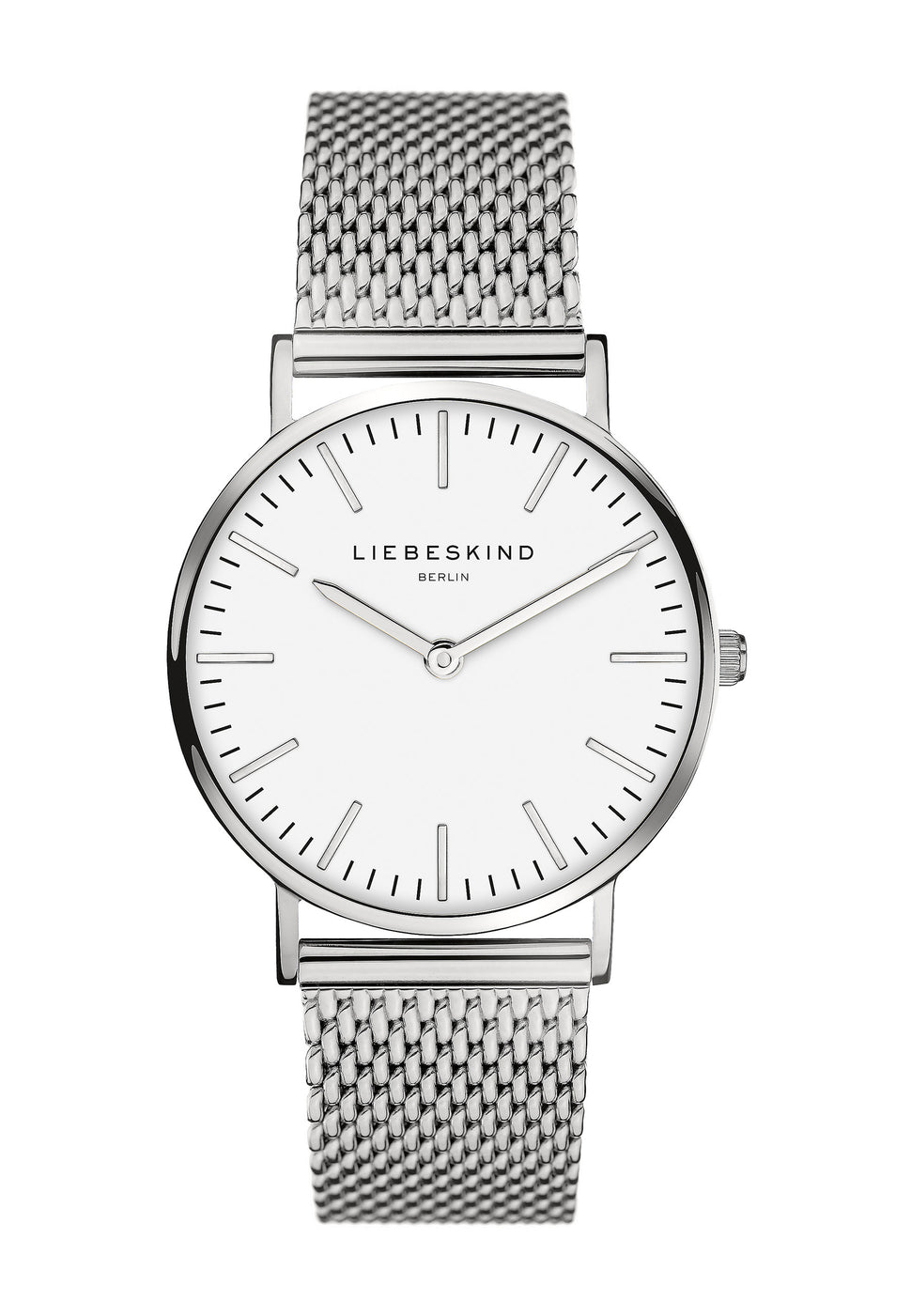 Liebeskind Berlin Set aus Uhr mit silbernem Gehäuse und silbernem Meshband und einem roten Lederuhrenband Produktbild