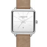Liebeskind Berlin Armbanduhr mit silbernem Zifferblatt, Datumsanzeige, silbernem, quadratischem Gehäuse und beigem Lederband; Produktbild