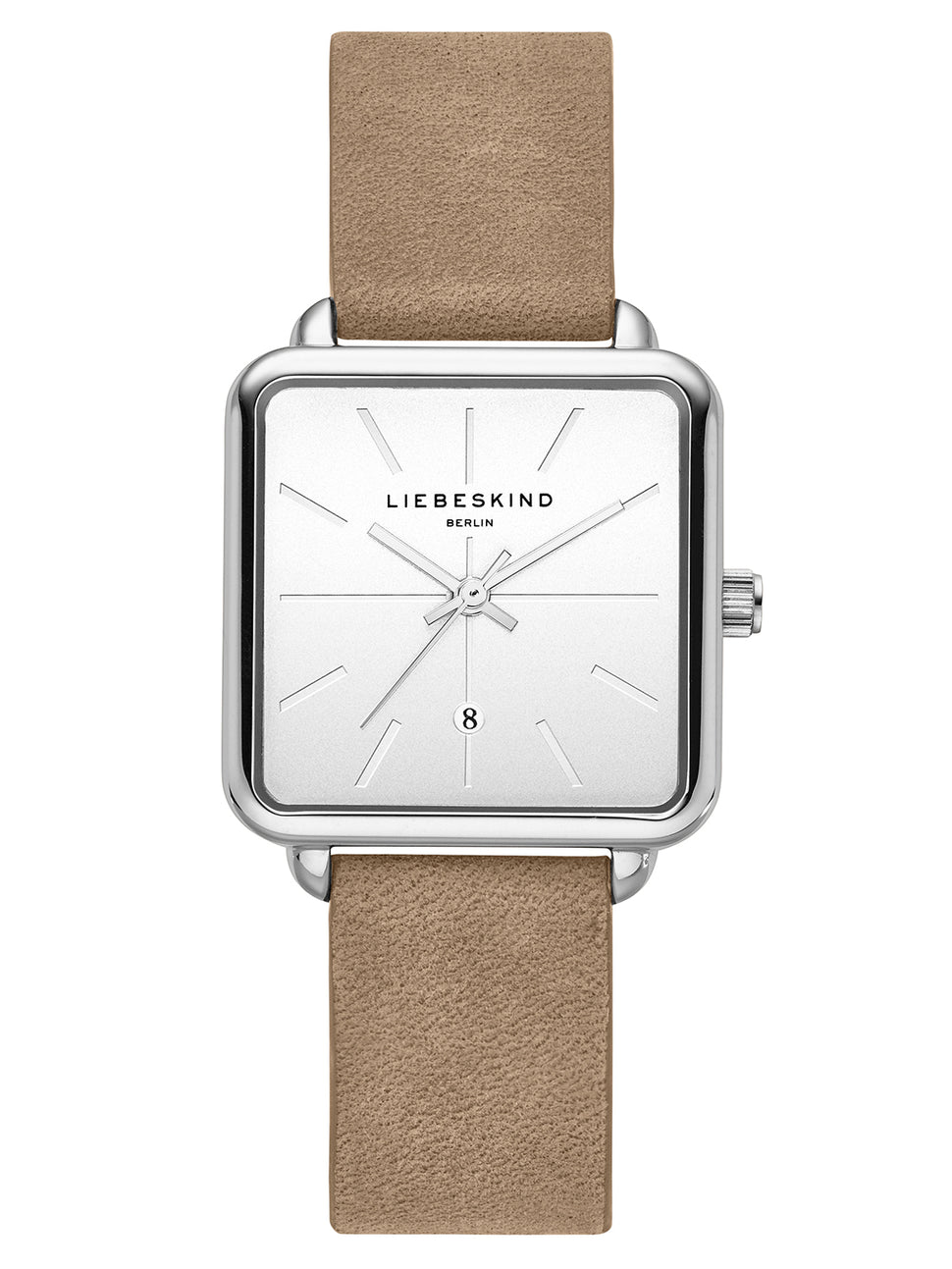 Liebeskind Berlin Armbanduhr mit silbernem Zifferblatt, Datumsanzeige, silbernem, quadratischem Gehäuse und beigem Lederband; Produktbild