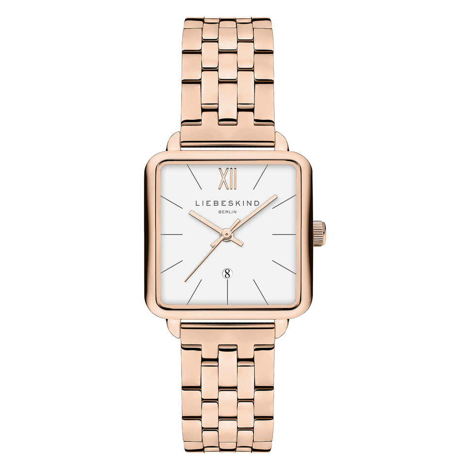 Liebeskind Berlin Armbanduhr im Retro-Look mit roségoldenem, quadratischem Gehäuse und roségoldenem Edelstahlband; Produktbild