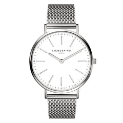 Liebeskind Berlin Armbanduhr mit Zirkoniadetails auf dem Zifferblatt, silbernen Indizes, silbernem Gehäuse und silbernem Meshband; Produktbild