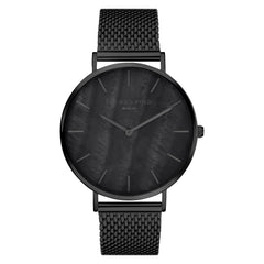 Liebeskind Berlin Armbanduhr mit schwarzem Perlmutt-Zifferblatt, schwarzen Indizes, schwarzem Gehäuse und schwarzem Meshband; Produktbild