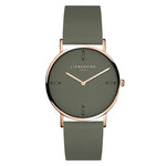 Liebeskind Berlin Armbanduhr mit grauem Zifferblatt aus Leder und vier Nähten als Indizes, roségoldenen Zeigern, roségoldenem Gehäuse und grauem Lederband; Produktbild
