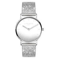 Liebeskind Berlin Armbanduhr mit silbernem Zifferblatt, silbernen Indizes, silbernem Gehäuse und silbernem, glitzerndem Meshband; Produktbild