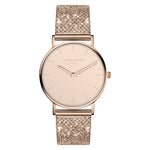 Liebeskind Berlin Armbanduhr mit beigem Zifferblatt, roségoldenem Gehäuse und roségoldenem, glitzerndem Meshband; Produktbild