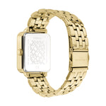 Liebeskind Berlin Armbanduhr im Retro-Look mit goldenem, quadratischem Gehäuse und goldenem Edelstahlband; Rückansicht