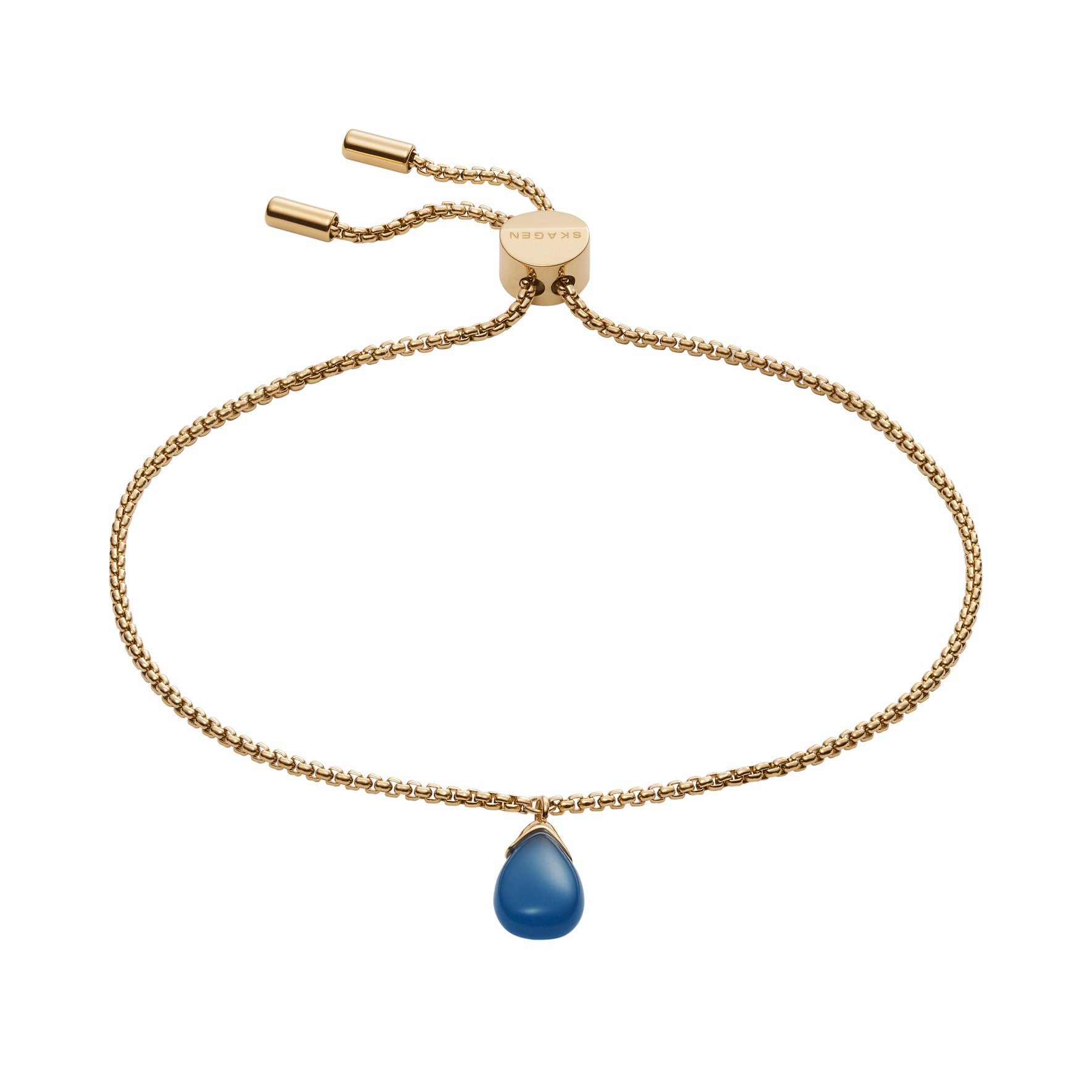 Skagen Armband mit goldener Kette und blauem tropfenförmigem Anhänger, der von goldfarbenen Details gehalten wird; Produktbild