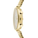 Liebeskind Berlin Armbanduhr mit Multifunktionswerk, goldenen Indizes, goldenem Gehäuse und goldenem Meshband; Seitenansicht