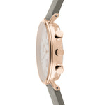 Liebeskind Berlin Armbanduhr mit Multifunktionswerk, roségoldenen Indizes, roségoldenem Gehäuse und grauem Lederband; Seitenansicht