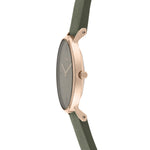 Liebeskind Berlin Armbanduhr mit grauem Zifferblatt aus Leder und vier Nähten als Indizes, roségoldenen Zeigern, roségoldenem Gehäuse und grauem Lederband; Seitenansicht