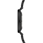 Liebeskind Berlin Armbanduhr mit schwarzem Zifferblatt, Datumsanzeige, weißen Indizes, schwarzem Gehäuse und schwarzem Edelstahlband; Seitenansicht