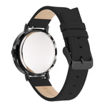 Rückansicht der Liebeskind Berlin Armbanduhr - Acetat Statement mit schwarzem Lederarmband, rundem, reflektierendem Zifferblatt und robustem Acetatgehäuse.