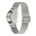 Liebeskind Berlin Armbanduhr mit Zirkoniadetails auf dem Zifferblatt, silbernen Indizes, silbernem Gehäuse und silbernem Meshband; Rückansicht