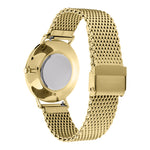 Liebeskind Berlin Armbanduhr mit Zirkoniadetails auf dem Zifferblatt, goldenen Indizes, goldenem Gehäuse und goldenem Meshband; Rückansicht