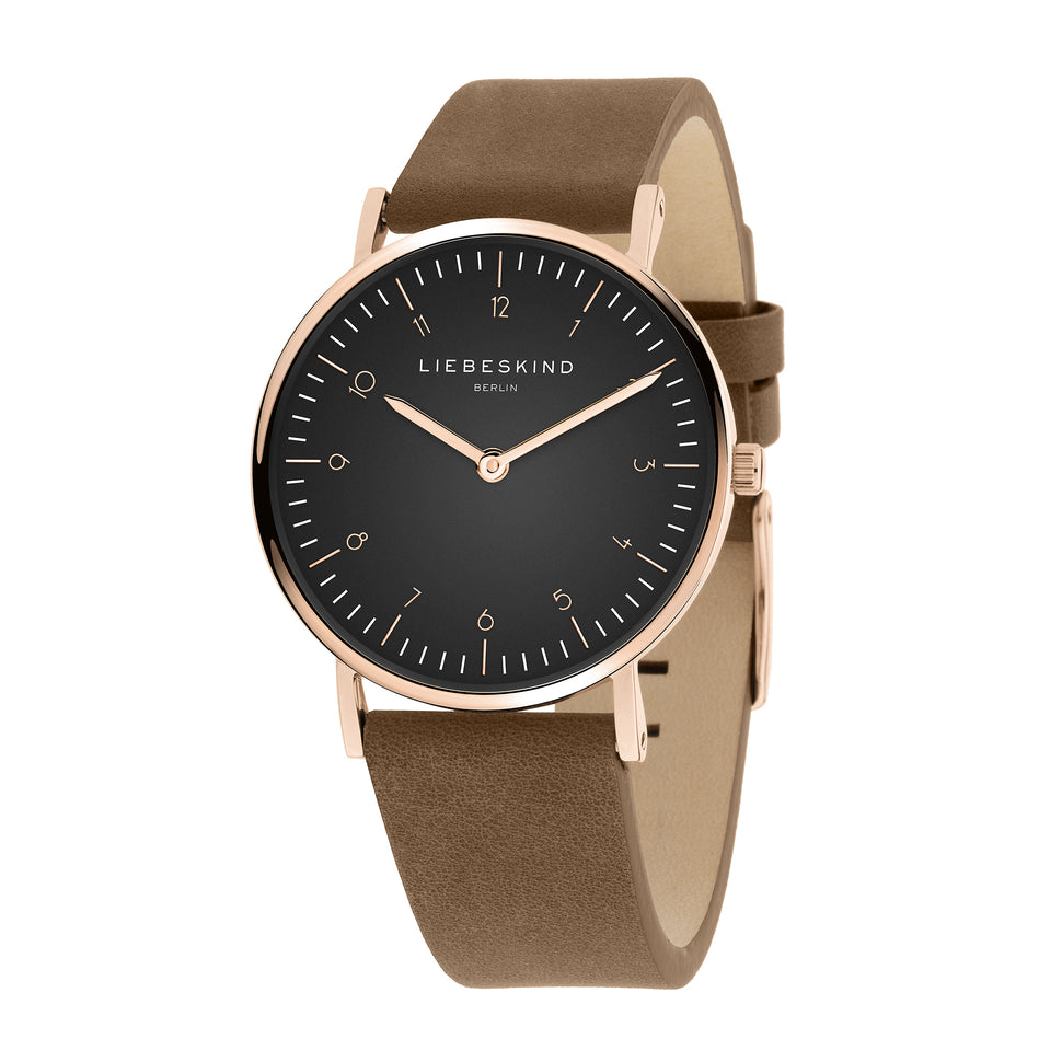 Liebeskind Berlin Armbanduhr im minimalistischen, skandinavischen Design mit schwarzem Zifferblatt, roségoldenem Gehäuse und braunem Lederband; Zusatzbild